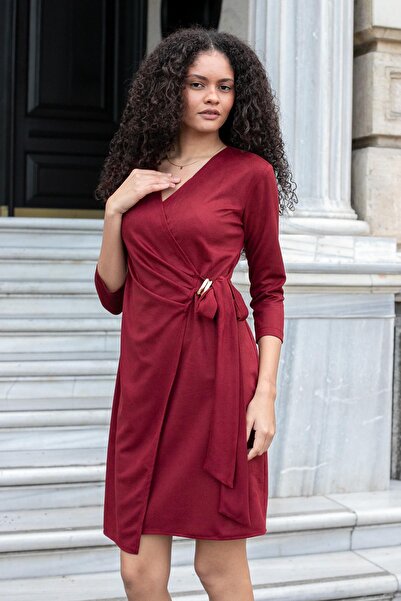 Jument Women's Lightweight Flexible Diagonal Suede Fabric Double-Breasted Lace-Up Capri Three Quarter Sleeve Knee Length Dress-Burgundy