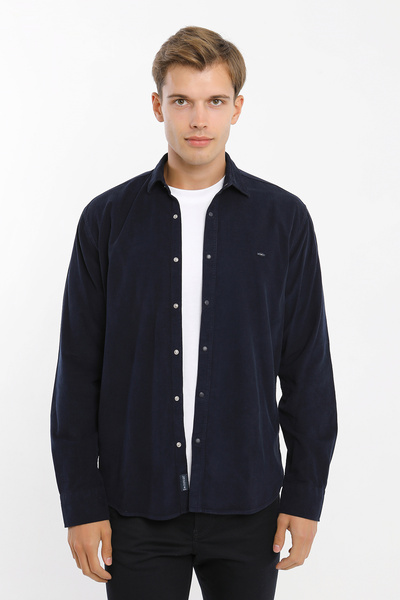 Smc by Semco Collared Buttoned Long Sleeve Snap Fastener Velvet Men's Shirt
