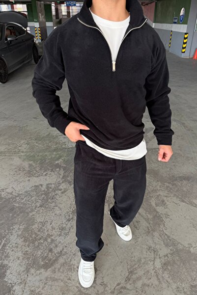 mass plus Oversized Zippered Mock Neck Fleece Suit with Baggy Pants