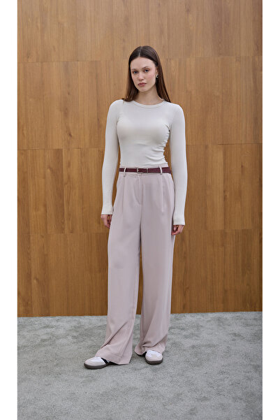 Birgül Bektaş Beige Pleated Palazzo Trousers