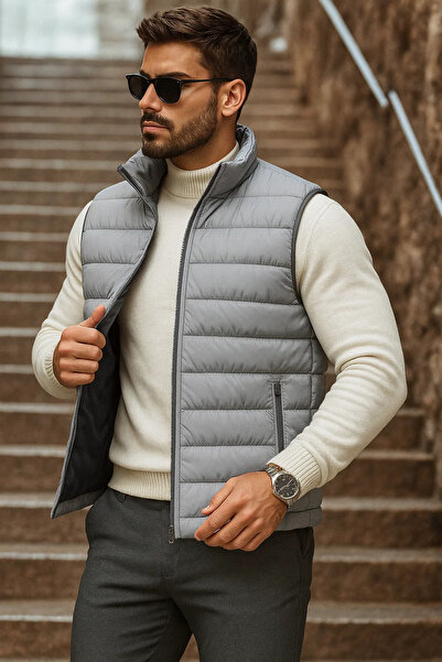 comstar Men's Winter Zippered Basic Gray Puffer Vest with Pockets