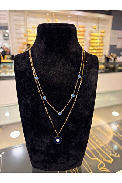 imitasyon dünyası 2 li Cam Göz Dorika Model Lacivert Yonca Çelik kolye