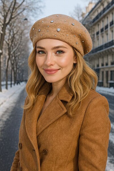 BALIENTE Camel Pearl Stone Embroidered Women's Painter Beret