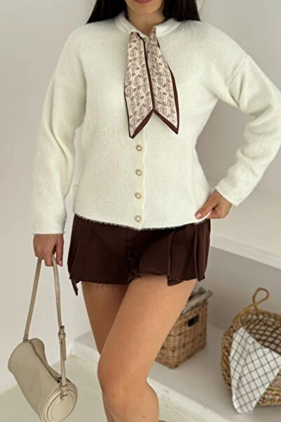 canzengın Ecru Knit Cardigan with Scarf Detail