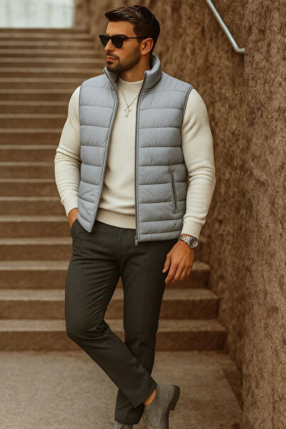 comstar Men's Winter Zippered Basic Gray Puffer Vest with Pockets