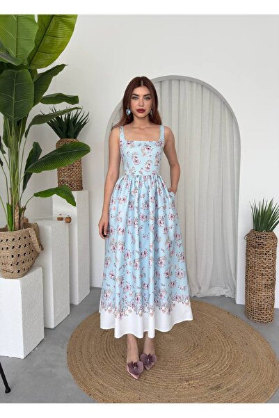 EtikaOnline Crep Cep Çiçek Detaylı Midi Elbise