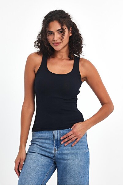 mmetalic Women's Navy Blue Corded Look Thick Basic Undershirt with Straps