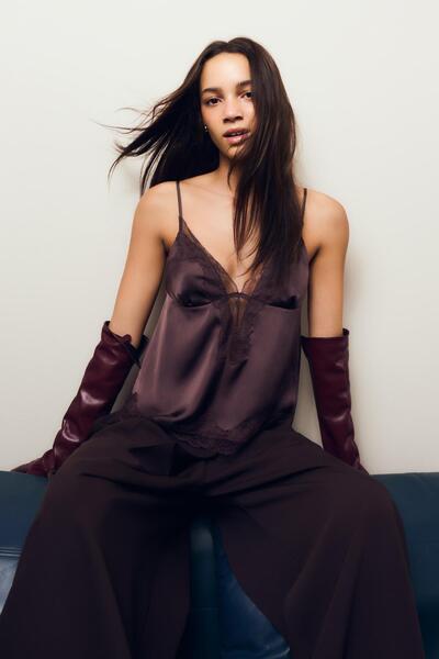 Bershka Asymmetric sateen lace camisole top