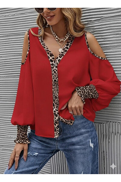 GENCULUS Women's off-the-shoulder blouse with leopard print detail and button-up front.