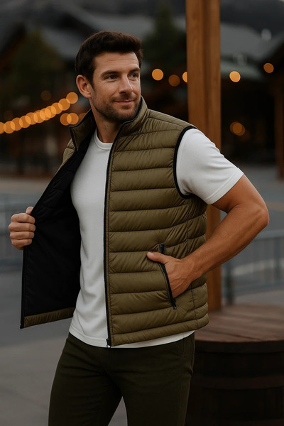 comstar Men's Lined Winter Zippered Khaki Puffer Vest with Pockets