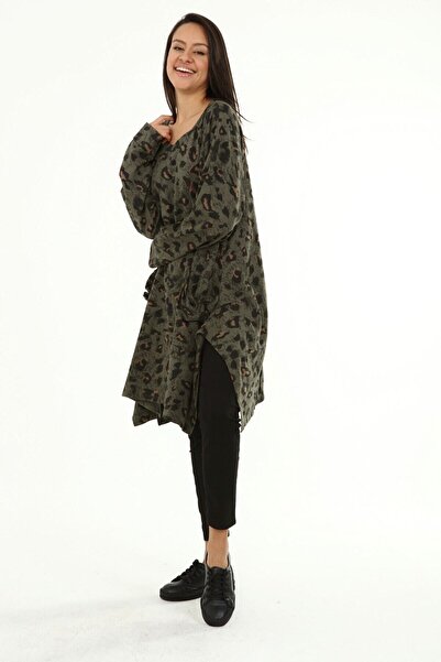 della moor Women's Plus Size Khaki Italian Leopard Print Asymmetrical Cut Tunic