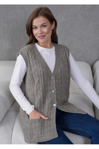 Elçelya Moda Women's Knitwear Lace-Like Knit Pocket Detailed Button Closure Wool Vest