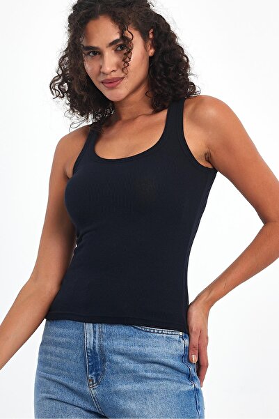 mmetalic Women's Navy Blue Corded Look Thick Basic Undershirt with Straps