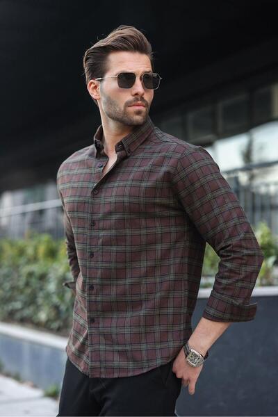 Madmext Brown Buttoned Plaid Patterned Men's Shirt E6768