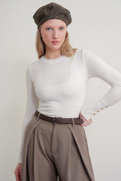 Mixray 6736 Women's Crew Neck Drop Shoulder Knit Sweater Bone