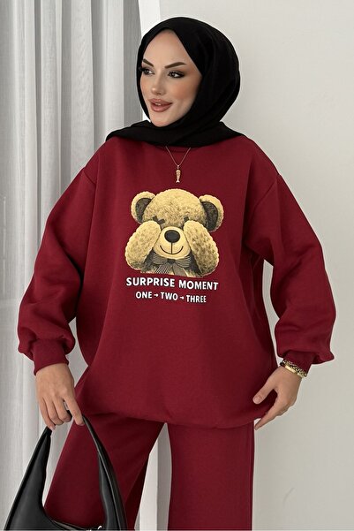 Bestenur Teddy Bear Pattern Three Thread Double Set 1655 - Claret Red