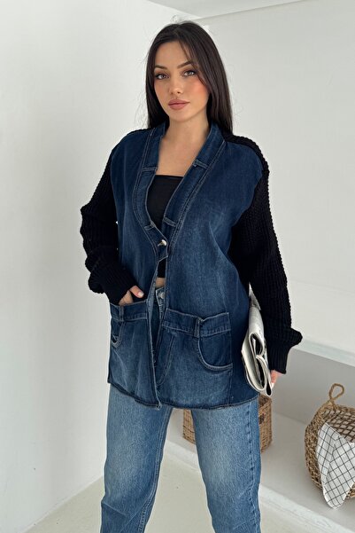 FEMELLE Black Sleeves and Knitwear on the Back Denim Oversized Cardigan with Pockets Standard Size