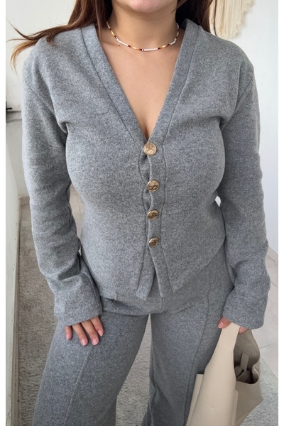 Butik Yuvia Selanik Kumaş Gold Düğmeli Triko Takım