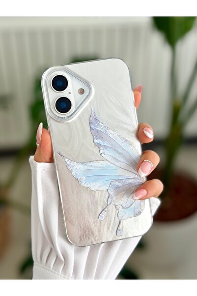 Go Aksesuar iPhone 16 Compatible Shine Platinum Butterfly Design Silicone Case
