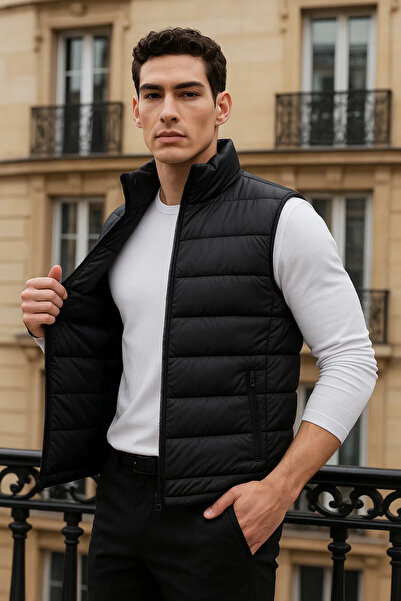 comstar Men's Winter Pocketed Trendy Zippered Black Puffer Vest