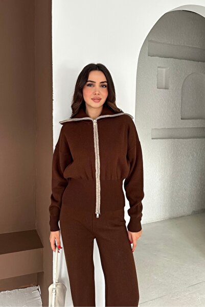 Noi Belis Zipper Detailed Turn-Down Collar Knitwear Bottom-Top Set Aw25Au0036