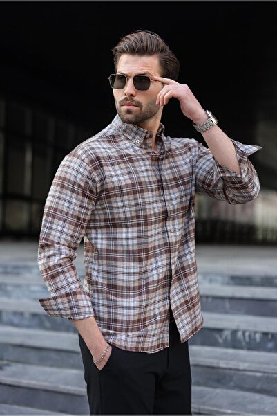 Madmext Camel Buttoned Plaid Patterned Men's Shirt E6768