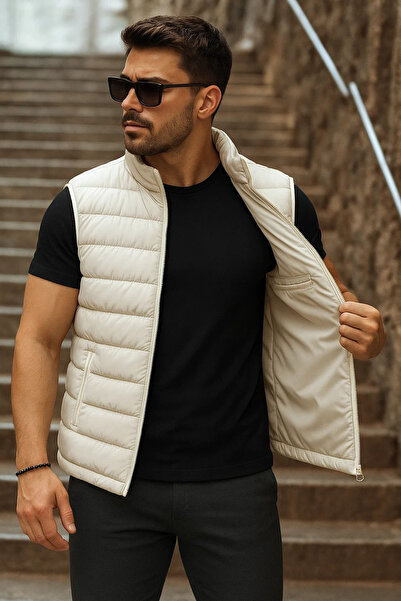 comstar Men's Winter Zippered Basic Cream Puffer Vest with Pockets