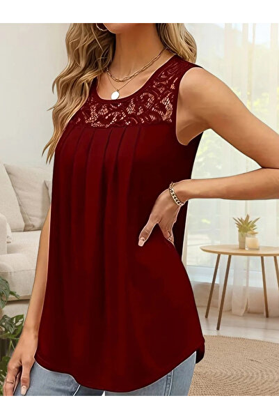 GENCULUS Women's Strappy Round Neck Lace Detailed Viscose Blouse