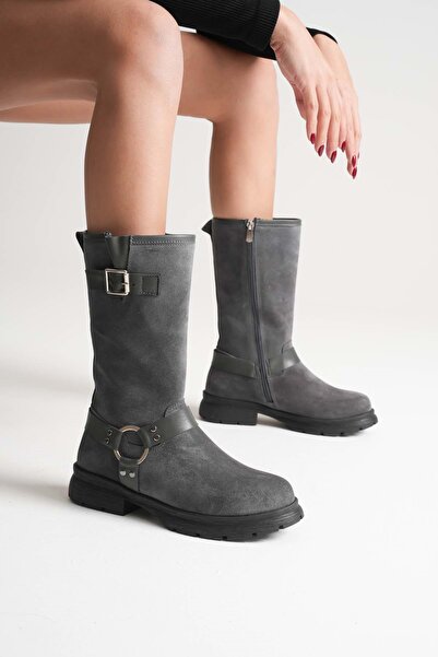 ANALİN SHOES Women's Genuine Leather Riding Boots with Accessory Detail - Gray Suede