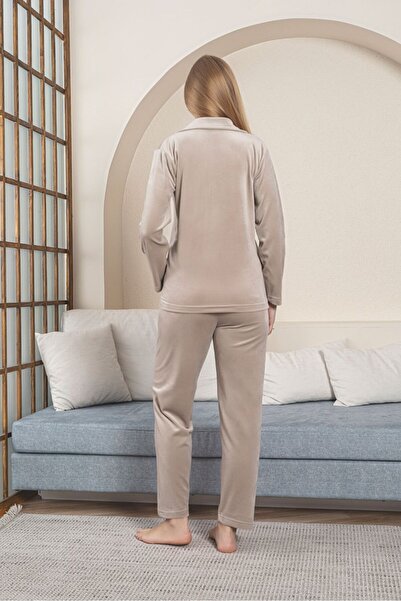 Asel Stone Color Buttoned Women's Velvet Pajama Set