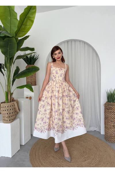 EtikaOnline Crep Cep Çiçek Detaylı Midi Elbise