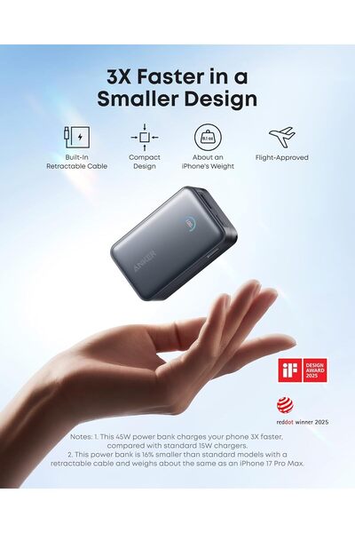 Anker Nano Power Bank 10,000mAh 45W with Built-In Retractable USB-C Cable, Smart Display