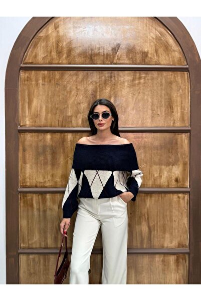 Sempre Baklava Patterned Shoulder Folded Knit Sweater – New Season”