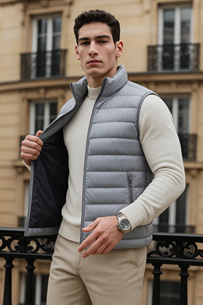 comstar Men's Winter Pocketed Trendy Zippered Gray Puffer Vest