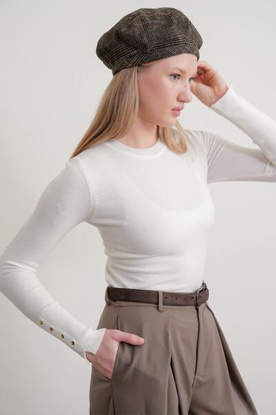 Mixray 6736 Women's Crew Neck Drop Shoulder Knit Sweater Bone