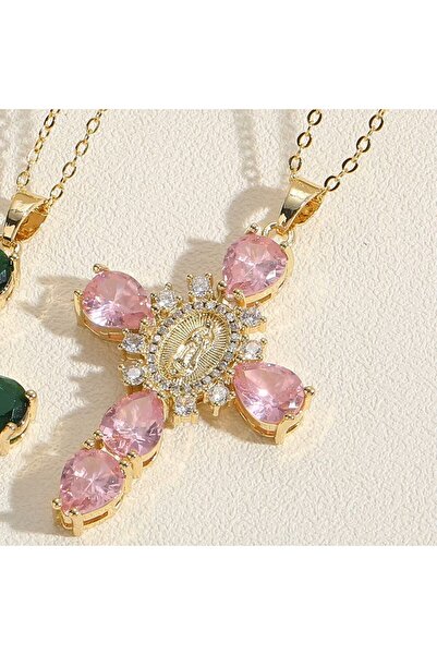 OEM Women's necklace - Modern cross with pink zirconia, icon of the Mother of God plated with 14k gold