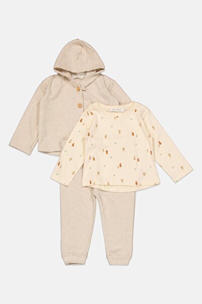 Mother's Promise Toddlers Girl 3Pcs Printed Hooded Sweatshirt, SAweatpant And Top Set, Beige