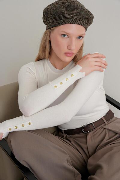 Mixray 6736 Women's Crew Neck Drop Shoulder Knit Sweater Bone