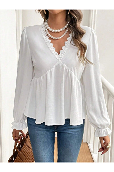 GENCULUS Women's Long Sleeve V Lace Neck Aerobin Blouse