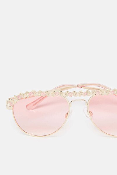 REDTAG Girls Gold And Pink Aviator Embellished Sunglasses