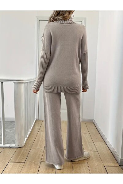 NEWCO Women's Corded Fabric Collar Hair Knit Patterned Side Slit Knitwear Set Anthracite