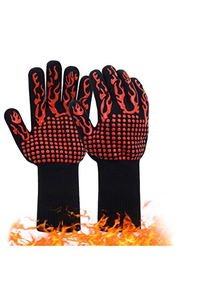 FONIX Set of 2 BBQ Gloves HeatGuard Flame Pro, Heat-Resistant, Non-Slip Silicone, Long Cuff, Black