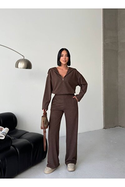 TRENDLİA طقم نسائي مكون من قطعتين من قماش سالونيك ذو ياقة مرتفعة متوسطة الطول...