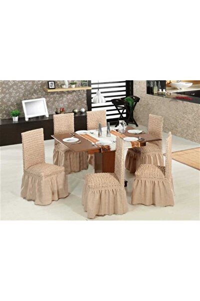 Inovius Set 6 huse scaune cu volane din bumbac elasticizat, Bone - HEP75