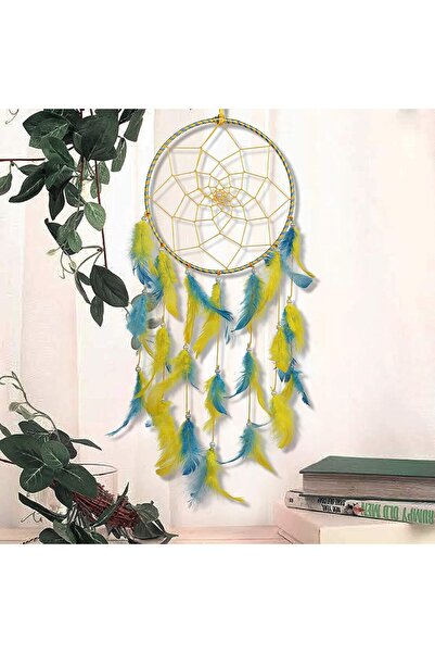 Generic ILU Dream Catcher, Handmade Wall Hanging, Yellow & Blue Feathers, 17cm Diameter, 51cm Length