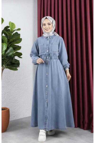 Hb Harma Time Butik Women's Pocket Detailed Elastic Waist Denim Jeans Blue Dress