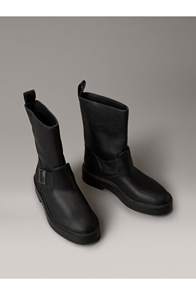 Calvin Klein Leather Stacked Heel Biker Boots