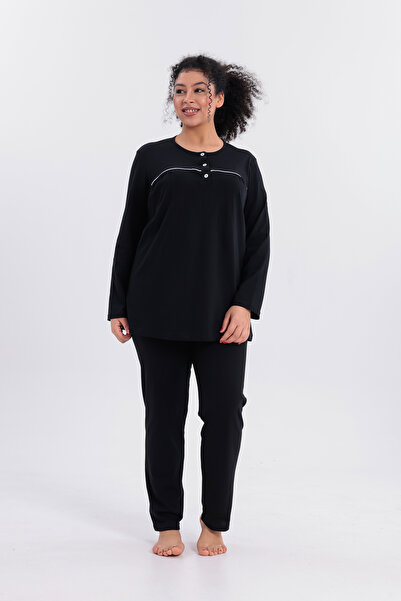 Mio Vero Women's Piped Long Sleeve Cotton Plus Size (Oversize) Pajama Set