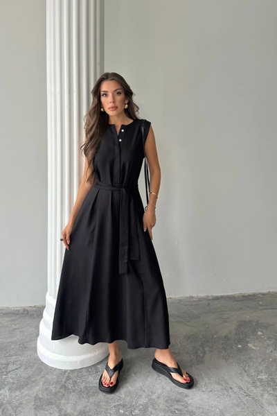 GENCULUS Linen Dress Sleeveless with Waist Tie Axi Dress Black