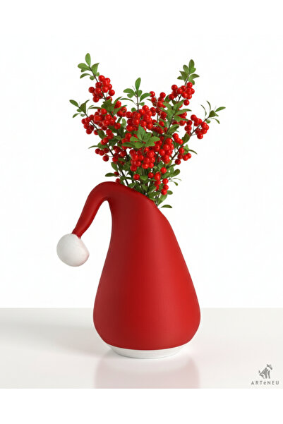 Arteneu 3D Baskı Noel Baba Şapka Figürlü Yılbaşı Hediyelik Dekoratif Kuru/Yapay Çiçek Vazosu